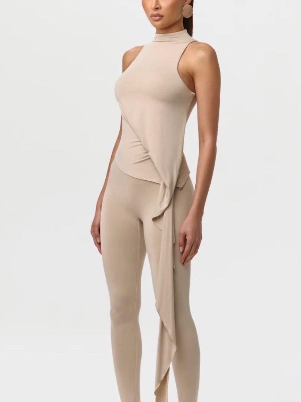 Nakedwardrobe SMOOTH SLEEVELESS DRAPE TOP and SMOOTH ASYMMETRIC STIRRUP LEGGING